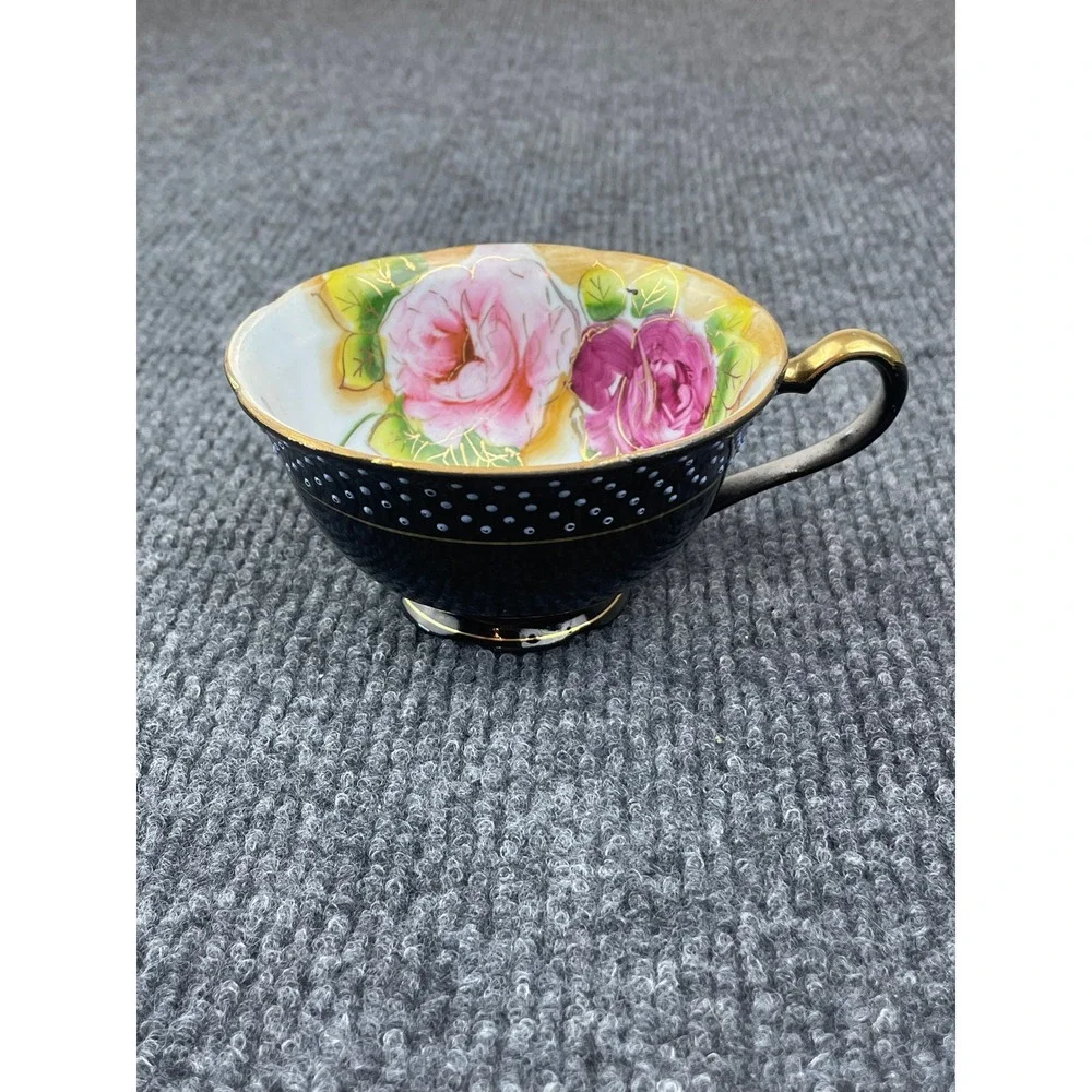 VTG. Merit Occupied Japan Tea Cup Black Polka Dot Pink Rose Gold Gilt Porcelain